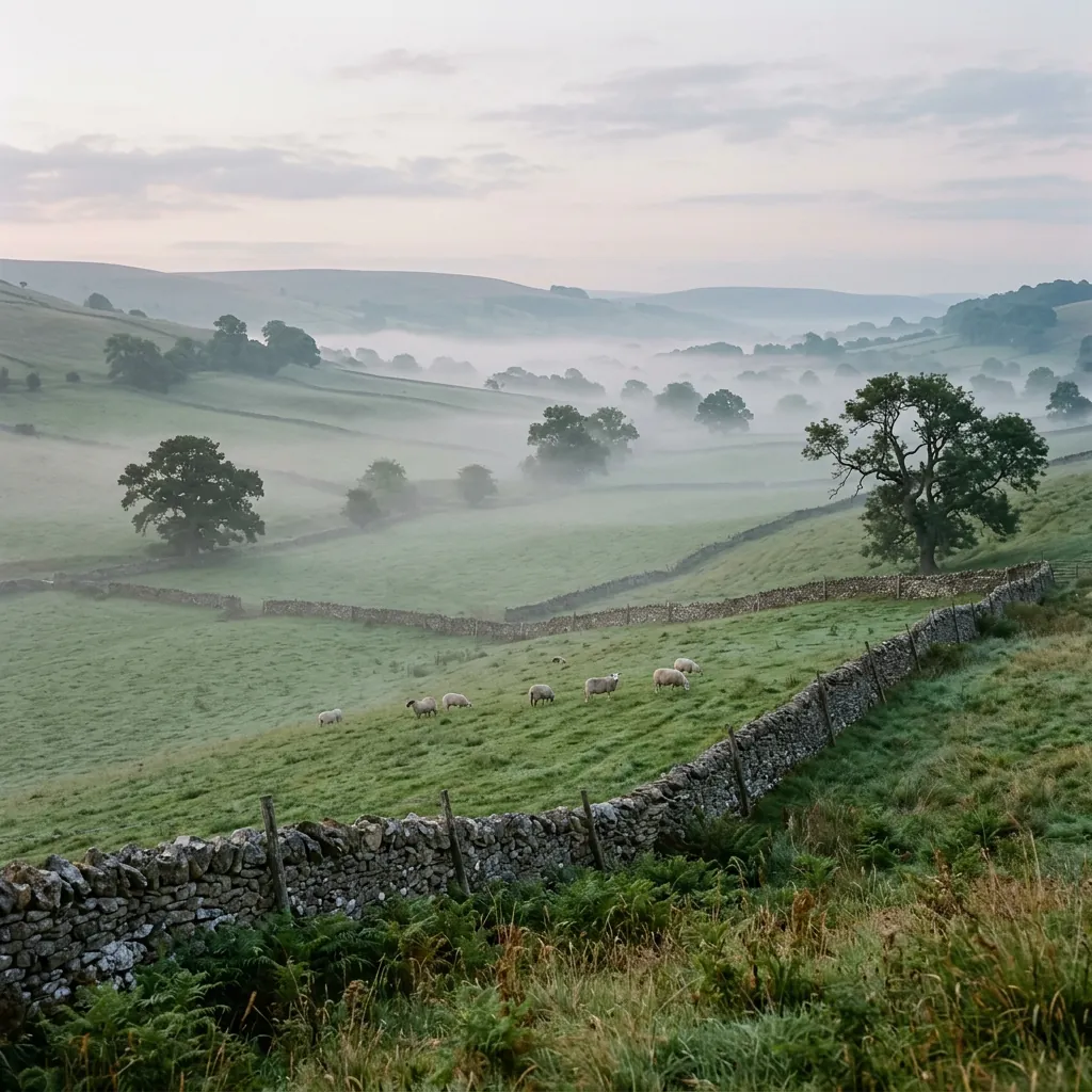 Misty Cotswold valley with drystone walls at dawn