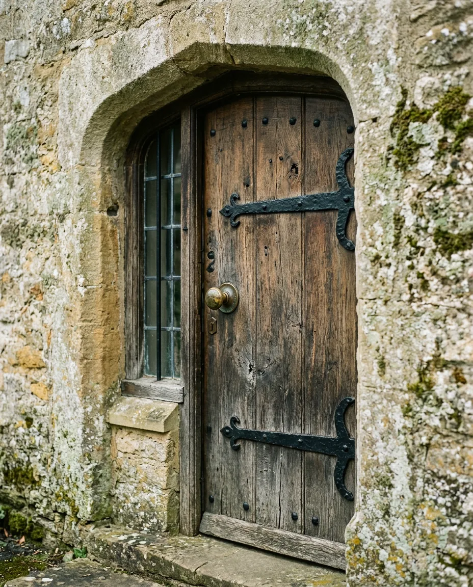 Close-up of a traditional Cotswold stone wall and a weathered oak door
